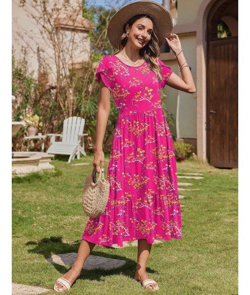 Zeagoo Women Summer Midi A Line Dress Short Sleeve Casual Flowy Tiered Beach Long Sundress with Pockets 2025 Vacation Travel