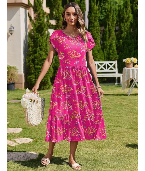 Zeagoo Women Summer Midi A Line Dress Short Sleeve Casual Flowy Tiered Beach Long Sundress with Pockets 2025 Vacation Travel
