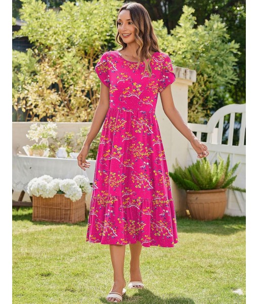 Zeagoo Women Summer Midi A Line Dress Short Sleeve Casual Flowy Tiered Beach Long Sundress with Pockets 2025 Vacation Travel