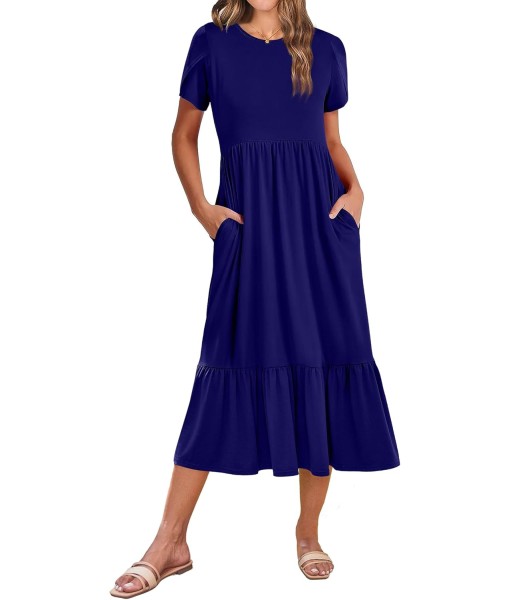 Zeagoo Women Summer Midi A Line Dress Short Sleeve Casual Flowy Tiered Beach Long Sundress with Pockets 2025 Vacation Travel