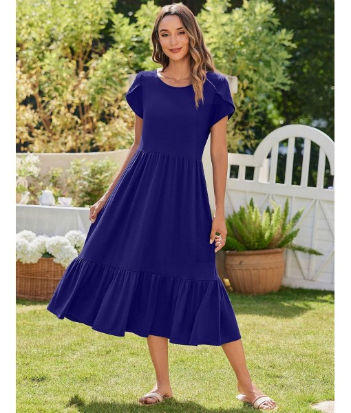 Zeagoo Women Summer Midi A Line Dress Short Sleeve Casual Flowy Tiered Beach Long Sundress with Pockets 2025 Vacation Travel