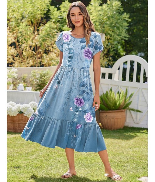 Zeagoo Women Summer Midi A Line Dress Short Sleeve Casual Flowy Tiered Beach Long Sundress with Pockets 2025 Vacation Travel