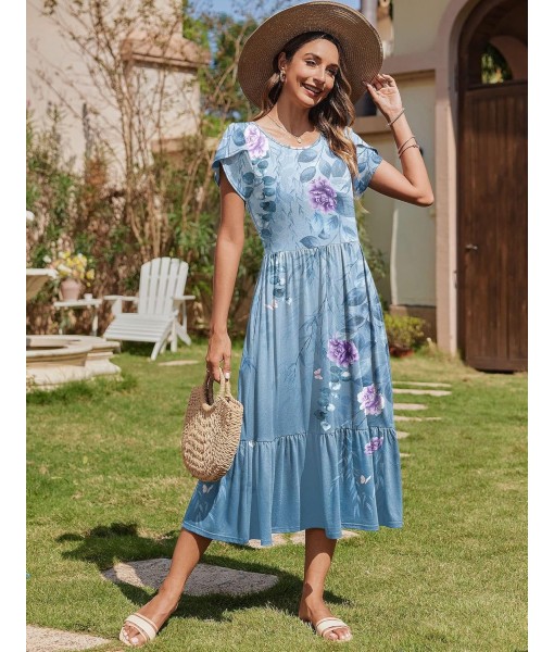 Zeagoo Women Summer Midi A Line Dress Short Sleeve Casual Flowy Tiered Beach Long Sundress with Pockets 2025 Vacation Travel