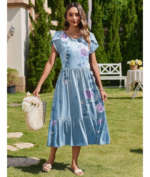 Zeagoo Women Summer Midi A Line Dress Short Sleeve Casual Flowy Tiered Beach Long Sundress with Pockets 2025 Vacation Travel