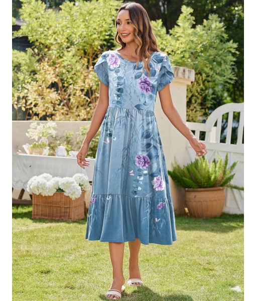 Zeagoo Women Summer Midi A Line Dress Short Sleeve Casual Flowy Tiered Beach Long Sundress with Pockets 2025 Vacation Travel