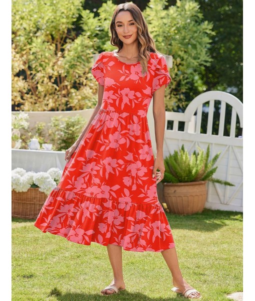 Zeagoo Women Summer Midi A Line Dress Short Sleeve Casual Flowy Tiered Beach Long Sundress with Pockets 2025 Vacation Travel