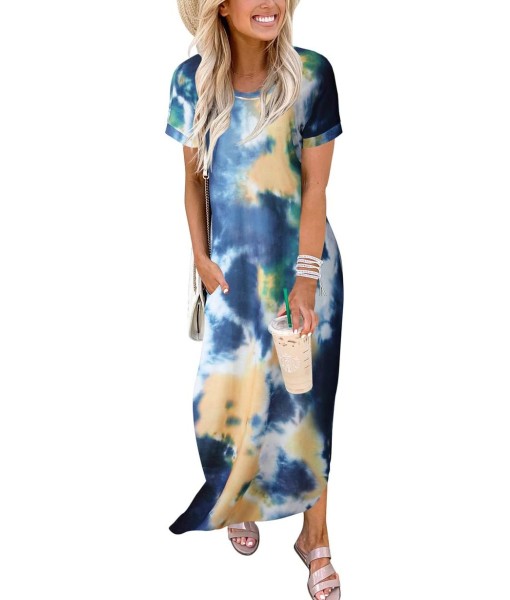 ANRABESS Womens Summer Maxi Dress Short Sleeve Casual Loose Long T Shirt Dresses Split Vacation Beach Sundress Travel Outfits