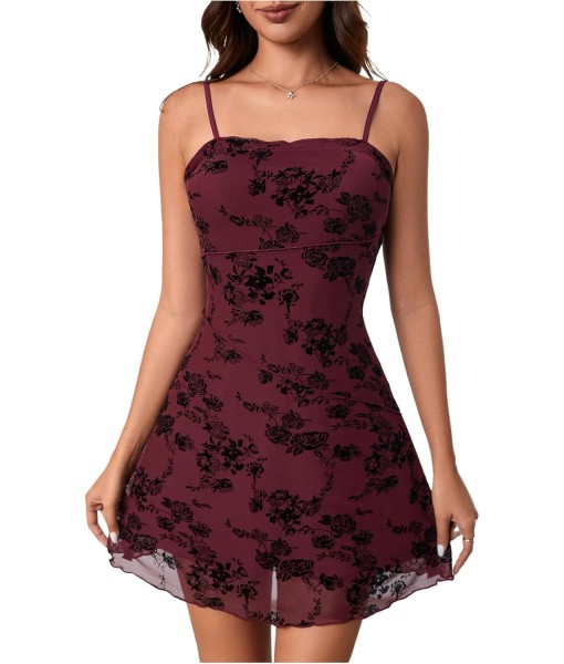 Verdusa Women's Mini Dress Floral Spaghetti Strap Mesh Dresses Going Out Festival Concert Outfits Grunge Gothic Clothes