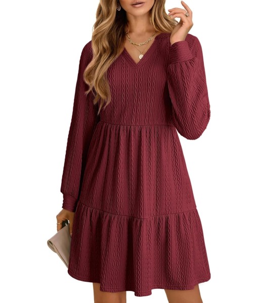 Dokotoo Fall Dresses for Women 2025 Long Sleeve V Neck Textured Casual Lightweight Tiered Ruffle A-Line Mini Babydoll Dress