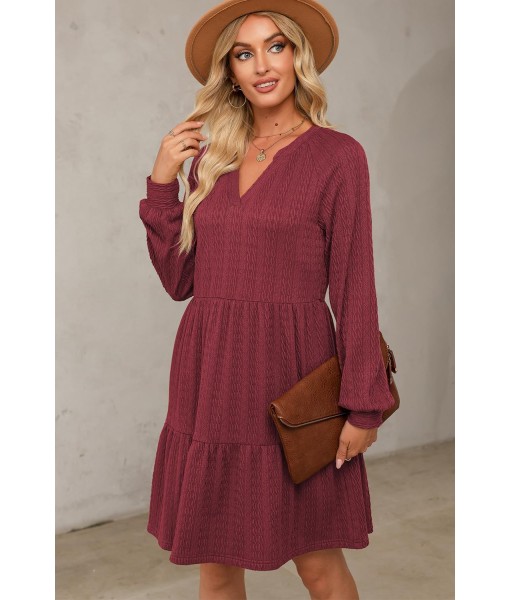 Dokotoo Fall Dresses for Women 2025 Long Sleeve V Neck Textured Casual Lightweight Tiered Ruffle A-Line Mini Babydoll Dress