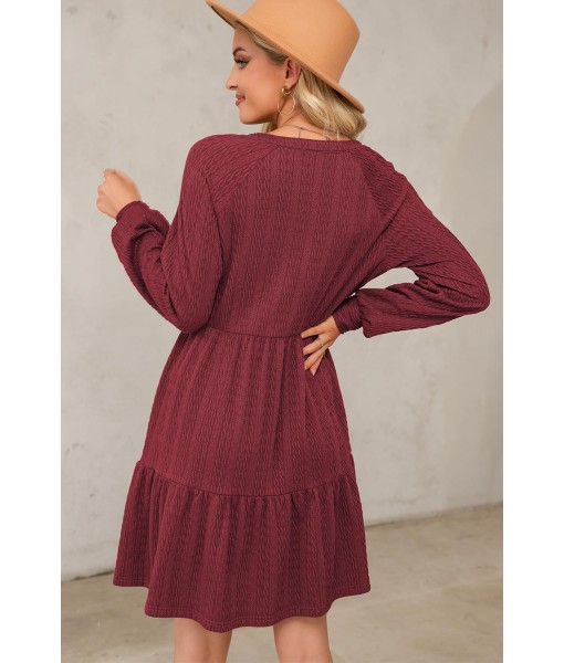 Dokotoo Fall Dresses for Women 2025 Long Sleeve V Neck Textured Casual Lightweight Tiered Ruffle A-Line Mini Babydoll Dress