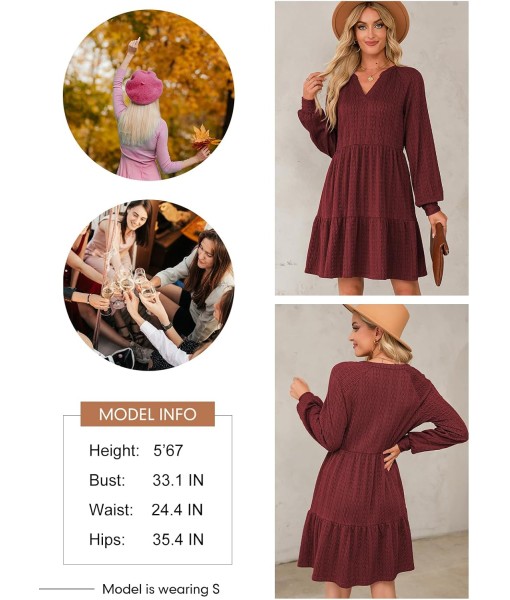 Dokotoo Fall Dresses for Women 2025 Long Sleeve V Neck Textured Casual Lightweight Tiered Ruffle A-Line Mini Babydoll Dress