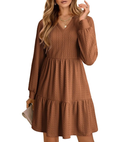 Dokotoo Fall Dresses for Women 2025 Long Sleeve V Neck Textured Casual Lightweight Tiered Ruffle A-Line Mini Babydoll Dress
