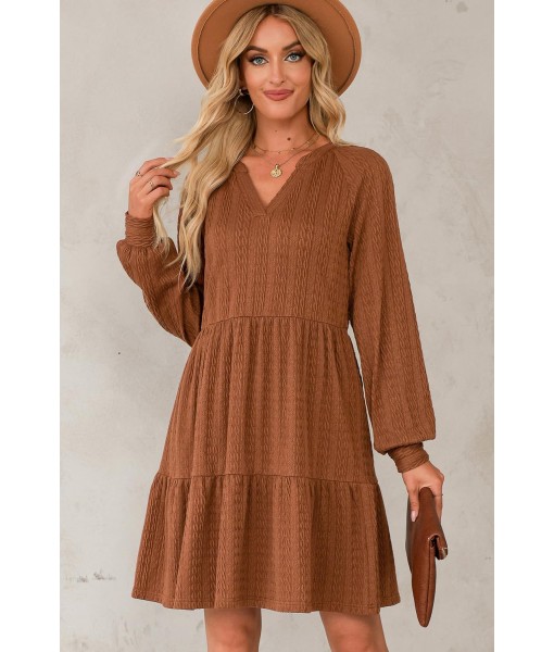 Dokotoo Fall Dresses for Women 2025 Long Sleeve V Neck Textured Casual Lightweight Tiered Ruffle A-Line Mini Babydoll Dress
