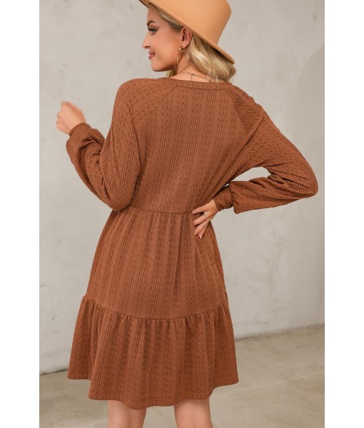 Dokotoo Fall Dresses for Women 2025 Long Sleeve V Neck Textured Casual Lightweight Tiered Ruffle A-Line Mini Babydoll Dress