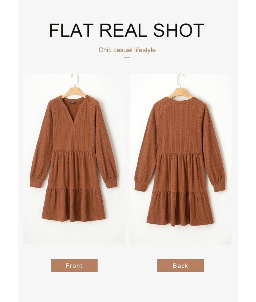 Dokotoo Fall Dresses for Women 2025 Long Sleeve V Neck Textured Casual Lightweight Tiered Ruffle A-Line Mini Babydoll Dress