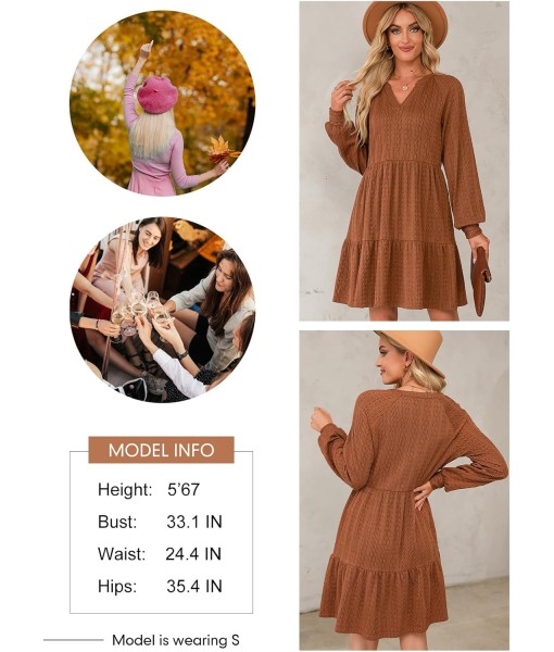 Dokotoo Fall Dresses for Women 2025 Long Sleeve V Neck Textured Casual Lightweight Tiered Ruffle A-Line Mini Babydoll Dress