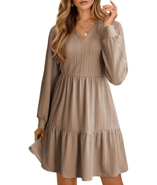Dokotoo Fall Dresses for Women 2025 Long Sleeve V Neck Textured Casual Lightweight Tiered Ruffle A-Line Mini Babydoll Dress