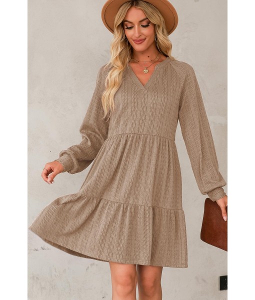 Dokotoo Fall Dresses for Women 2025 Long Sleeve V Neck Textured Casual Lightweight Tiered Ruffle A-Line Mini Babydoll Dress