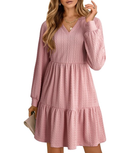 Dokotoo Fall Dresses for Women 2025 Long Sleeve V Neck Textured Casual Lightweight Tiered Ruffle A-Line Mini Babydoll Dress
