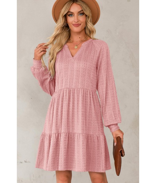 Dokotoo Fall Dresses for Women 2025 Long Sleeve V Neck Textured Casual Lightweight Tiered Ruffle A-Line Mini Babydoll Dress