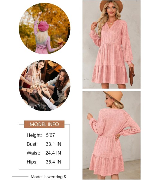 Dokotoo Fall Dresses for Women 2025 Long Sleeve V Neck Textured Casual Lightweight Tiered Ruffle A-Line Mini Babydoll Dress