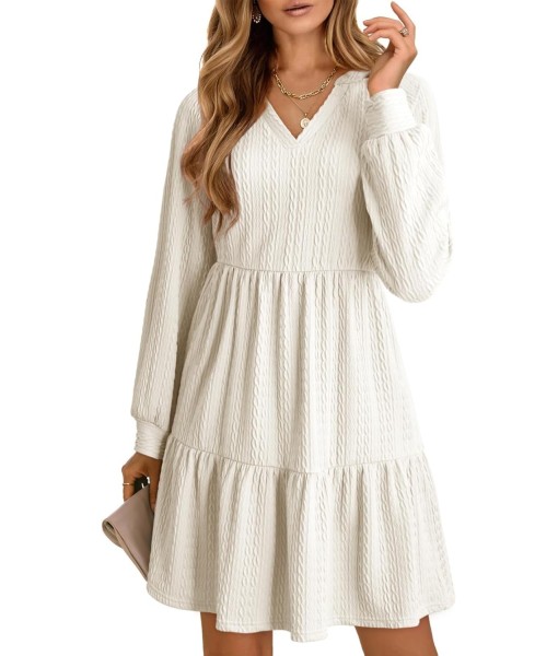 Dokotoo Fall Dresses for Women 2025 Long Sleeve V Neck Textured Casual Lightweight Tiered Ruffle A-Line Mini Babydoll Dress
