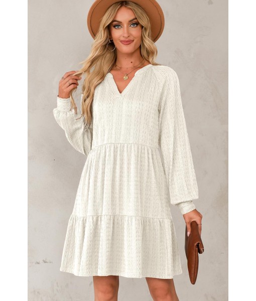 Dokotoo Fall Dresses for Women 2025 Long Sleeve V Neck Textured Casual Lightweight Tiered Ruffle A-Line Mini Babydoll Dress