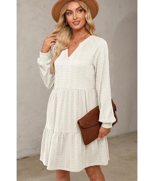 Dokotoo Fall Dresses for Women 2025 Long Sleeve V Neck Textured Casual Lightweight Tiered Ruffle A-Line Mini Babydoll Dress
