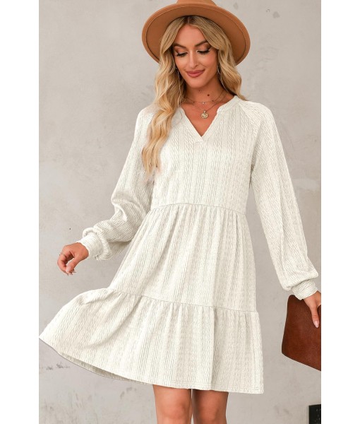 Dokotoo Fall Dresses for Women 2025 Long Sleeve V Neck Textured Casual Lightweight Tiered Ruffle A-Line Mini Babydoll Dress