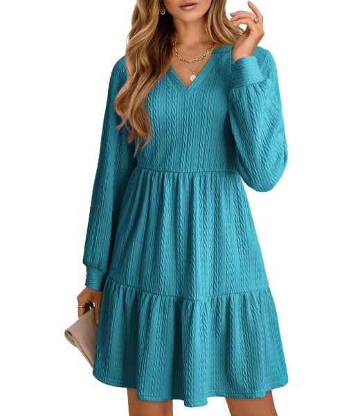 Dokotoo Fall Dresses for Women 2025 Long Sleeve V Neck Textured Casual Lightweight Tiered Ruffle A-Line Mini Babydoll Dress