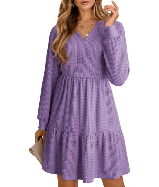 Dokotoo Fall Dresses for Women 2025 Long Sleeve V Neck Textured Casual Lightweight Tiered Ruffle A-Line Mini Babydoll Dress