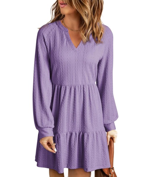 Dokotoo Fall Dresses for Women 2025 Long Sleeve V Neck Textured Casual Lightweight Tiered Ruffle A-Line Mini Babydoll Dress