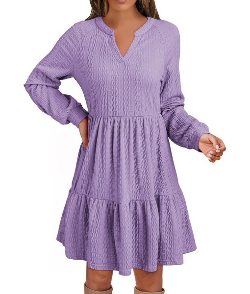Dokotoo Fall Dresses for Women 2025 Long Sleeve V Neck Textured Casual Lightweight Tiered Ruffle A-Line Mini Babydoll Dress