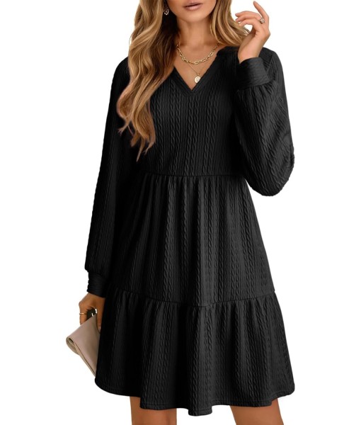 Dokotoo Fall Dresses for Women 2025 Long Sleeve V Neck Textured Casual Lightweight Tiered Ruffle A-Line Mini Babydoll Dress