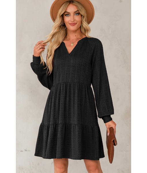Dokotoo Fall Dresses for Women 2025 Long Sleeve V Neck Textured Casual Lightweight Tiered Ruffle A-Line Mini Babydoll Dress