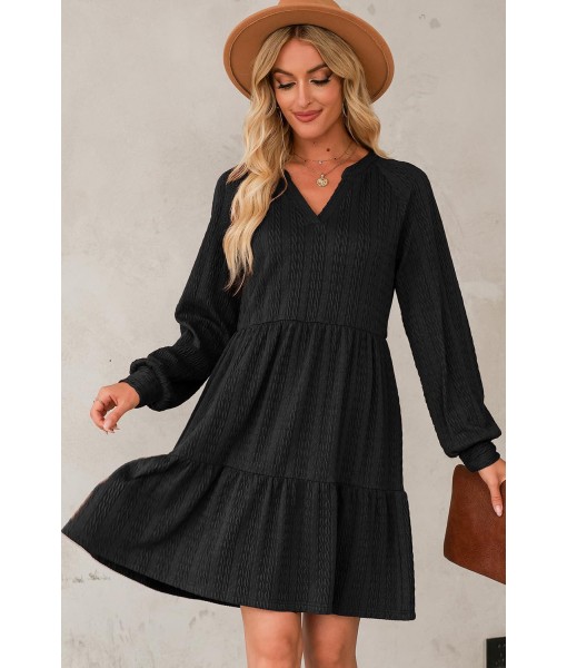 Dokotoo Fall Dresses for Women 2025 Long Sleeve V Neck Textured Casual Lightweight Tiered Ruffle A-Line Mini Babydoll Dress