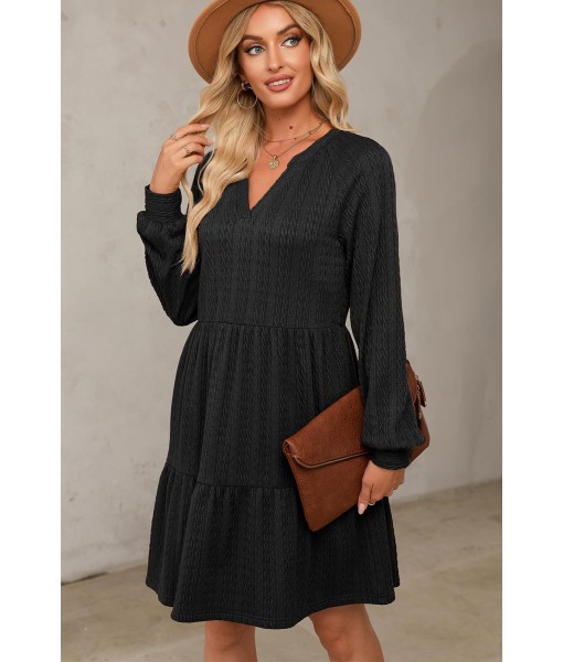 Dokotoo Fall Dresses for Women 2025 Long Sleeve V Neck Textured Casual Lightweight Tiered Ruffle A-Line Mini Babydoll Dress