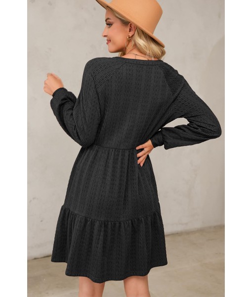Dokotoo Fall Dresses for Women 2025 Long Sleeve V Neck Textured Casual Lightweight Tiered Ruffle A-Line Mini Babydoll Dress