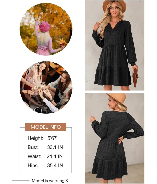 Dokotoo Fall Dresses for Women 2025 Long Sleeve V Neck Textured Casual Lightweight Tiered Ruffle A-Line Mini Babydoll Dress