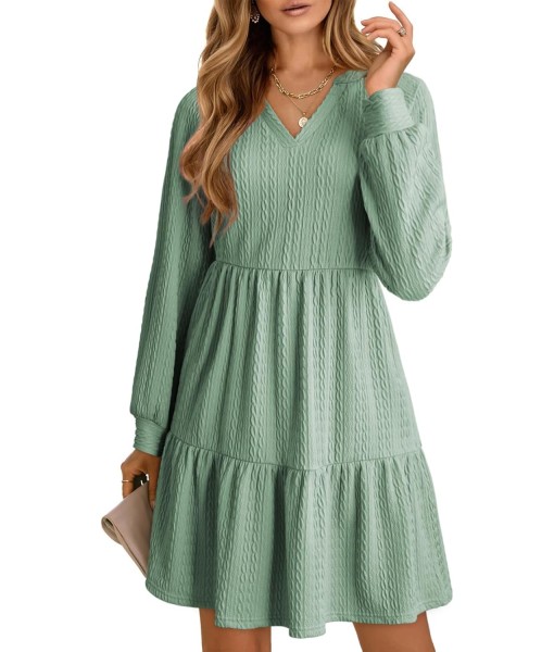 Dokotoo Fall Dresses for Women 2025 Long Sleeve V Neck Textured Casual Lightweight Tiered Ruffle A-Line Mini Babydoll Dress