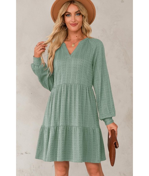 Dokotoo Fall Dresses for Women 2025 Long Sleeve V Neck Textured Casual Lightweight Tiered Ruffle A-Line Mini Babydoll Dress