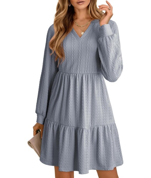 Dokotoo Fall Dresses for Women 2025 Long Sleeve V Neck Textured Casual Lightweight Tiered Ruffle A-Line Mini Babydoll Dress