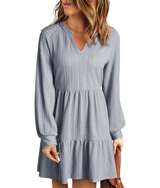 Dokotoo Fall Dresses for Women 2025 Long Sleeve V Neck Textured Casual Lightweight Tiered Ruffle A-Line Mini Babydoll Dress
