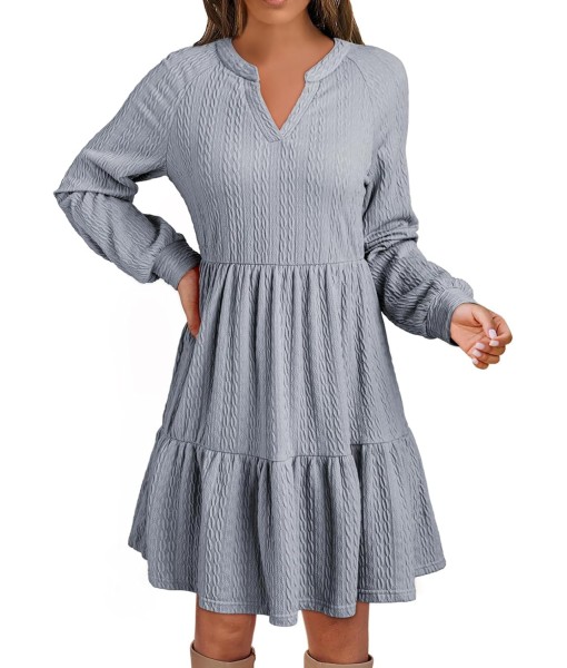 Dokotoo Fall Dresses for Women 2025 Long Sleeve V Neck Textured Casual Lightweight Tiered Ruffle A-Line Mini Babydoll Dress