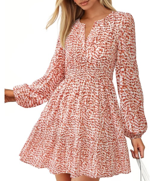 BTFBM Fall Dresses for Women 2025 V Neck Long Sleeve Elastic Waist Boho Beach Vacation Clothes Floral Mini Summer Dress