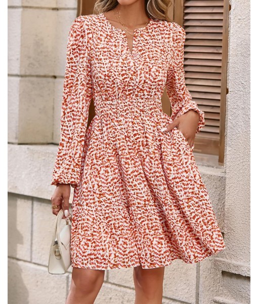 BTFBM Fall Dresses for Women 2025 V Neck Long Sleeve Elastic Waist Boho Beach Vacation Clothes Floral Mini Summer Dress