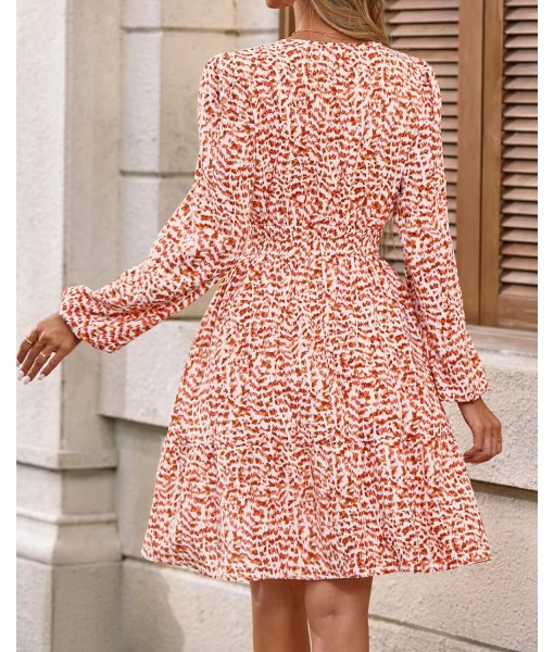 BTFBM Fall Dresses for Women 2025 V Neck Long Sleeve Elastic Waist Boho Beach Vacation Clothes Floral Mini Summer Dress