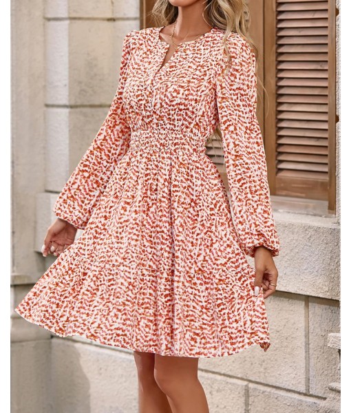 BTFBM Fall Dresses for Women 2025 V Neck Long Sleeve Elastic Waist Boho Beach Vacation Clothes Floral Mini Summer Dress