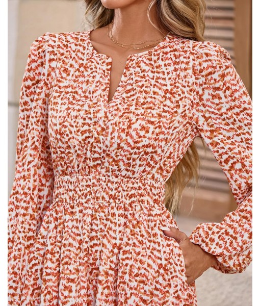 BTFBM Fall Dresses for Women 2025 V Neck Long Sleeve Elastic Waist Boho Beach Vacation Clothes Floral Mini Summer Dress